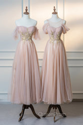 Cute Tulle Lace Tea Length Evening Prom Dresses, Pink A-Line Evening Party Dresses