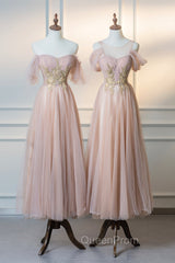 Cute Tulle Lace Tea Length Evening Prom Dresses, Pink A-Line Evening Party Dresses