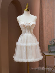 Cute Tulle Light Champagne Short Prom Dress, Lace Homecoming Dress