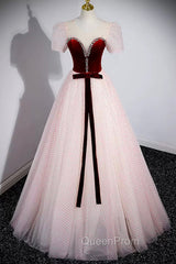 Cute Tulle Long Evening Prom Dresses with Velvet, A-Line Short Sleeve Evening Dresses