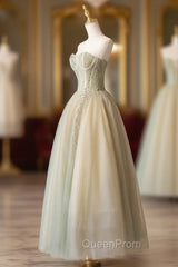 Cute Tulle Tea Length Evening Prom Dresses, Green A-Line Strapless Evening Party Dresses