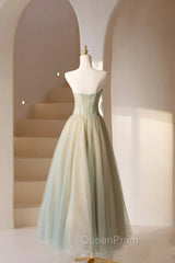 Cute Tulle Tea Length Evening Prom Dresses, Green A-Line Strapless Evening Party Dresses