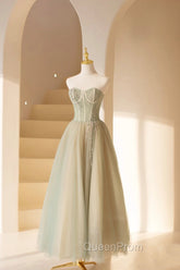 Cute Tulle Tea Length Evening Prom Dresses, Green A-Line Strapless Evening Party Dresses