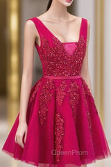 Cute Tulle V-neckline Beaded Short Evening Prom Dresses, Homecoming Dresses 2026