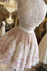 Cute Two Pieces Applique Short Evening Prom Dresses, Homecoming Dresses