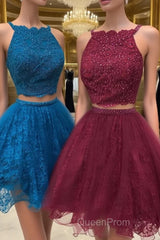 Cute two pieces lace tulle beads short Evening Prom Dresses, lace homecoming Dresses