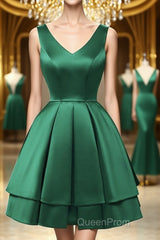 Cute V Neck and V Back Layered Green Short Evening Prom Dresses, Short Green Homecoming Dresses, Green Formal Evening Dresses