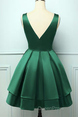 Cute V Neck and V Back Layered Green Short Evening Prom Dresses, Short Green Homecoming Dresses, Green Formal Evening Dresses