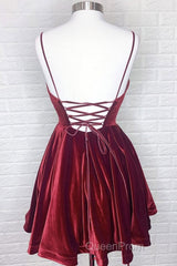 Cute V Neck Backless Burgundy Velvet Short Evening Prom Homecoming Dresses, Backless Maroon Formal Graduation Evening Dresses