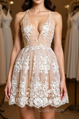 Cute V Neck Backless Pink Lace Appliques Short Evening Prom Dresses, Pink Lace Formal Graduation Homecoming Dresses