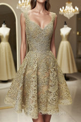 Cute V Neck Golden Lace Short Evening Prom Dresses, Golden Lace Homecoming Dresses, Golden Formal Evening Dresses