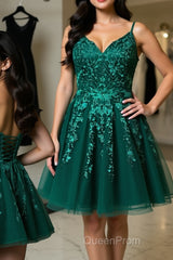 Cute V Neck Green Lace Short Evening Prom Homecoming Dresses, Green Lace Formal Dresses, Green Evening Dresses