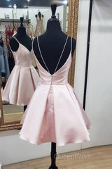Cute V Neck Open Back Pink Short Evening Prom Dresses, Backless Pink Homecoming Dresses, Short Pink Formal Evening Dresses