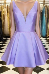 Cute V Neck Satin Short Evening Prom Dresses, V Neck Homecoming Dresses, Formal Evening Dresses