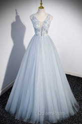 Cute V-Neck Tulle Long Evening Prom Dresses, Gray Evening Dresses Party Dresses