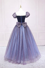 Cute Velvet Tulle Long Evening Prom Dresses, A-Line Short Sleeve Graduation Dresses