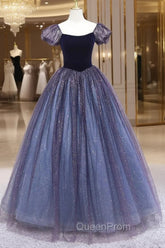 Cute Velvet Tulle Long Evening Prom Dresses, A-Line Short Sleeve Graduation Dresses