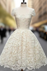 Cute White Lace Short Evening Prom Dresses, Lace Bridesmaid Dresses