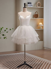 Cute White Short Tulle Beaded Graduation Dresses, White Short Evening Prom Dresses Evening Dresses