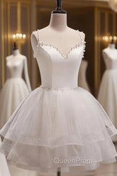 Cute White Short Tulle Beaded Graduation Dresses, White Short Evening Prom Dresses Evening Dresses