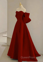 Cute Wine Red Satin Off Shoulder Long Party Dresses With Bow, Wine Red Evening Prom Dresses