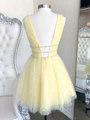 Cute Yellow V Neck Tulle Beads Short Evening Prom Dresses Yellow Homecoming Dresses