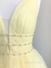 Cute Yellow V Neck Tulle Beads Short Evening Prom Dresses Yellow Homecoming Dresses