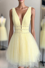 Cute Yellow V Neck Tulle Beads Short Evening Prom Dresses Yellow Homecoming Dresses