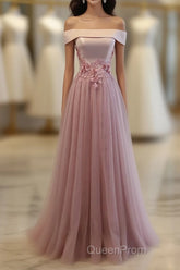 Pink A Line Off Shoulder Floor Length Evening Prom Dresses, Lace Evening Dresses