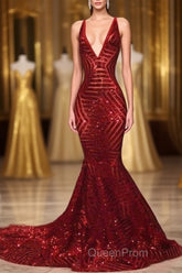 Red Sequins Shiny V-Neck Mermaid Long Evening Prom Dresses