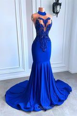 Royal Blue High Neck Sleeveless Mermaid Evening Prom Dresses with Beadings