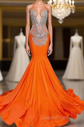 Sleeveless V-Neck Halter Mermaid Evening Prom Dresses With Beadings