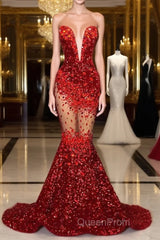 Red Mermaid Style Evening Prom Dresses with Sweetheart Sequins and Ruffle