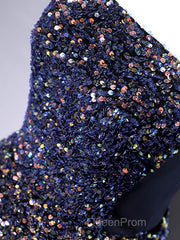 Dark Blue A-Line Sequin Lace Short Evening Prom Dresses, Cute Blue Homecoming Dresses