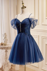 Dark Blue A-Line Short Evening Prom Dresses, Dark Blue Homecoming Dresses