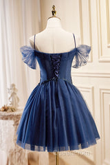 Dark Blue A-Line Short Evening Prom Dresses, Dark Blue Homecoming Dresses