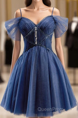 Dark Blue A-Line Short Evening Prom Dresses, Dark Blue Homecoming Dresses