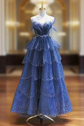 Dark Blue A Line Strapless Beaded Tulle Long Senior Evening Prom Dresses Evening Party Dresses