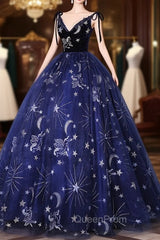 Dark Blue A-Line Tulle Lace Long Evening Prom Dresses, Dark Blue Long Evening Dresses