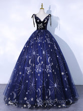 Dark Blue A-Line Tulle Lace Long Evening Prom Dresses, Dark Blue Long Evening Dresses