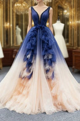 Dark Blue And Champagne Tulle V-neck Backless Beading Evening Prom Dresses
