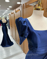 Dark Blue Blue Long Mermaid Evening Prom Dresses With Slit, Dark Blue Party Dresses