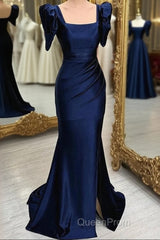 Dark Blue Blue Long Mermaid Evening Prom Dresses With Slit, Dark Blue Party Dresses