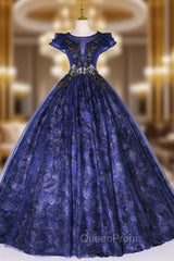 Dark Blue Lace Tulle Appliques Quinceanera Dresses