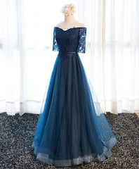 Dark Blue Lace Tulle Long Prom Dress, Lace Evening Dress