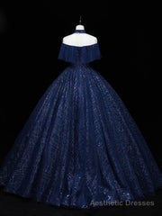 Dark Blue Long Prom Dress, Blue Tulle Formal Gown Graduation Dresses
