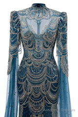 Dark Blue Mermaid Prom Dresses Beading Tulle Women Luxury Evening Dresses High Neck Long Sleeves