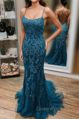 Dark Blue Mermaid Spaghetti Straps Appliques Evening Prom Dresses