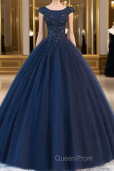 Dark blue round neck tulle lace long Evening Prom Dresses, blue tulle lace evening Dresses