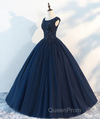 Dark blue round neck tulle lace long Evening Prom Dresses, blue tulle lace evening Dresses